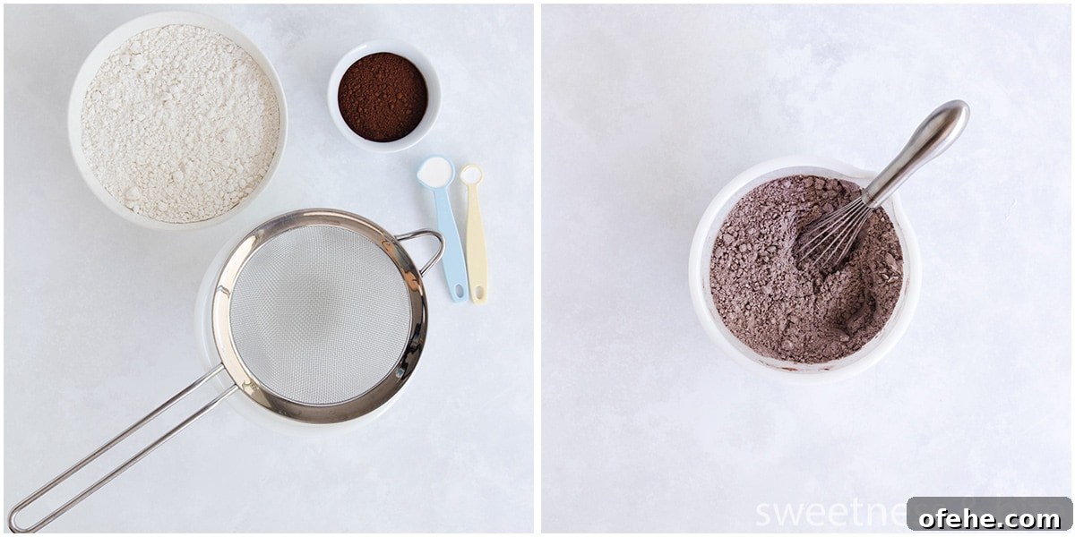 The dry ingredients being sifted and whisked together.