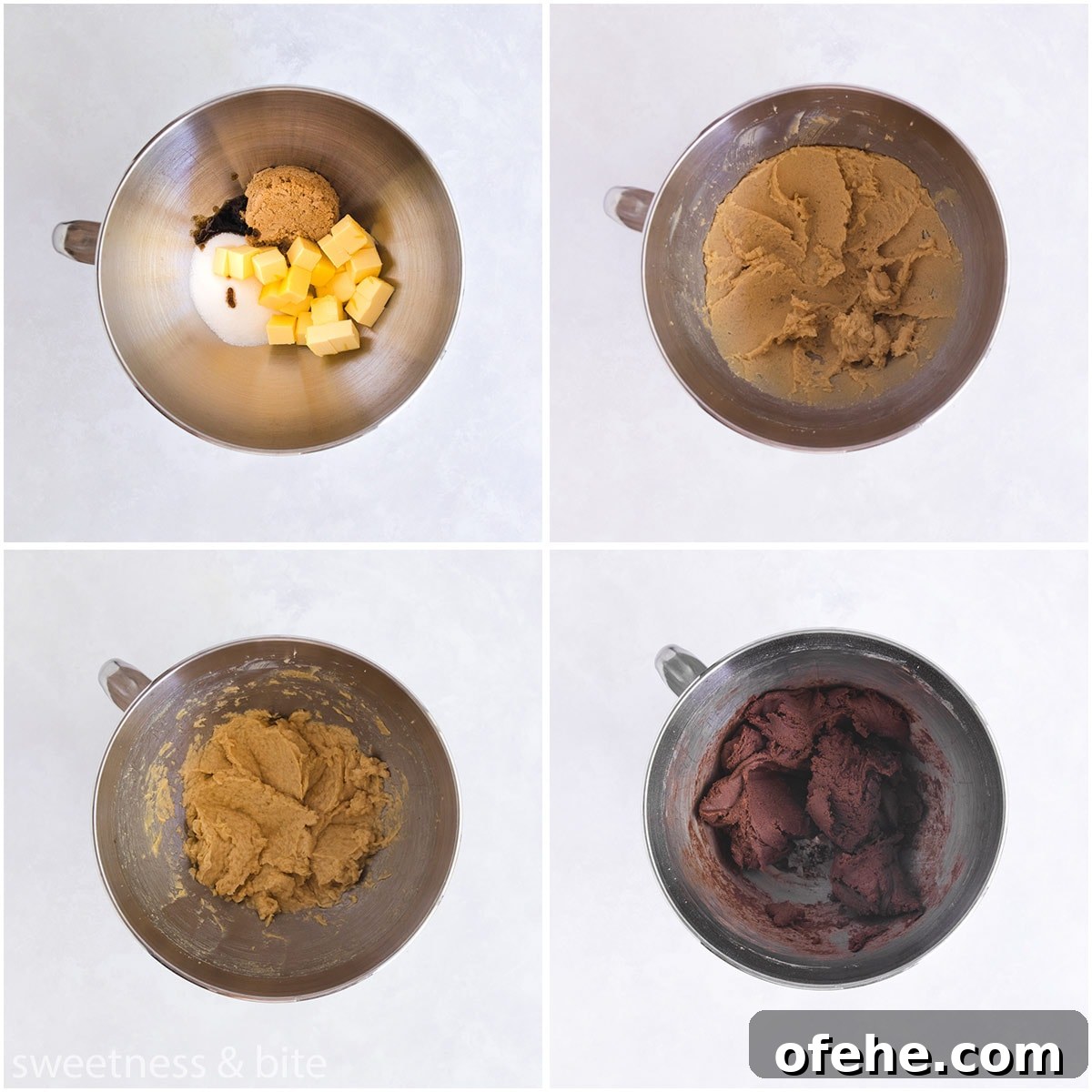 Collage of 4 images showing the butter, sugar and eggs beaten, the dry ingredients mixed in and the finished dough.