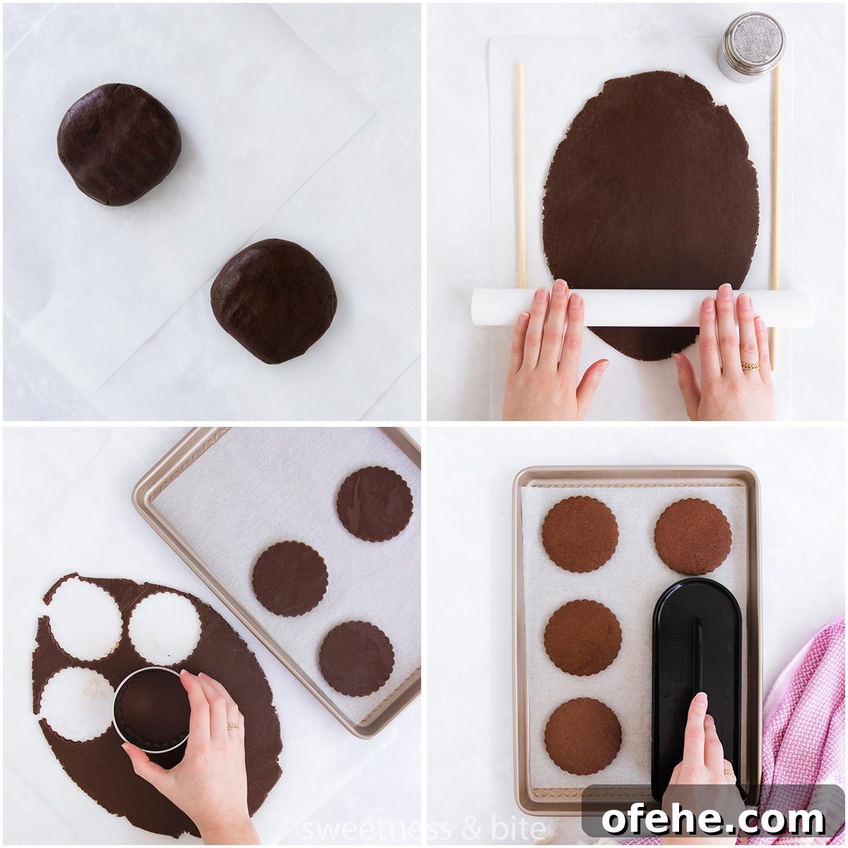 Collage of four images showing the dough balls being rolled out, scalloped circle cookies being cut out and baked.