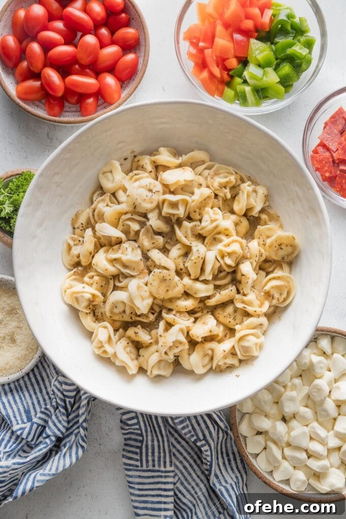 Creamy Italian Tortellini Salad with Sun-Dried Tomatoes & Pesto 4 Bowl of cooked and cooled tortellini, tossed with Italian salad dressing.