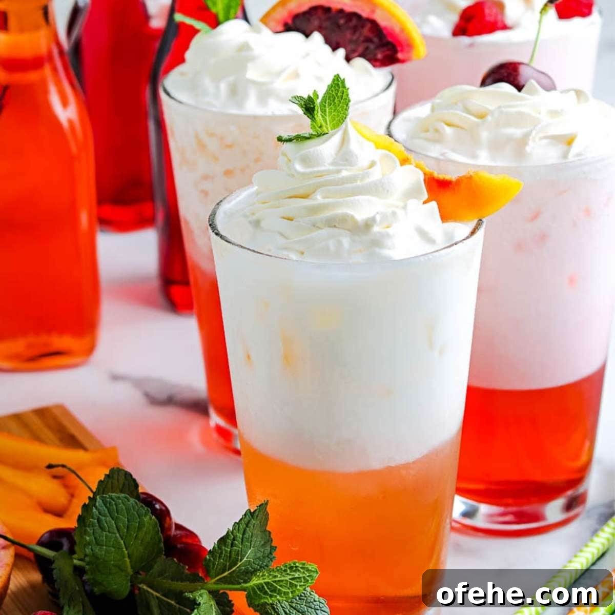 3-Ingredient Homemade Italian Cream Soda Recipe 2 Three homemade Italian cream sodas with whipped cream and fruit garnishes.