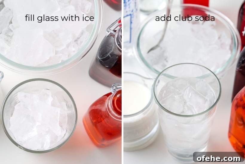 3-Ingredient Homemade Italian Cream Soda Recipe 4 Two photo collage of adding ice and club soda to a glass with text overlay.