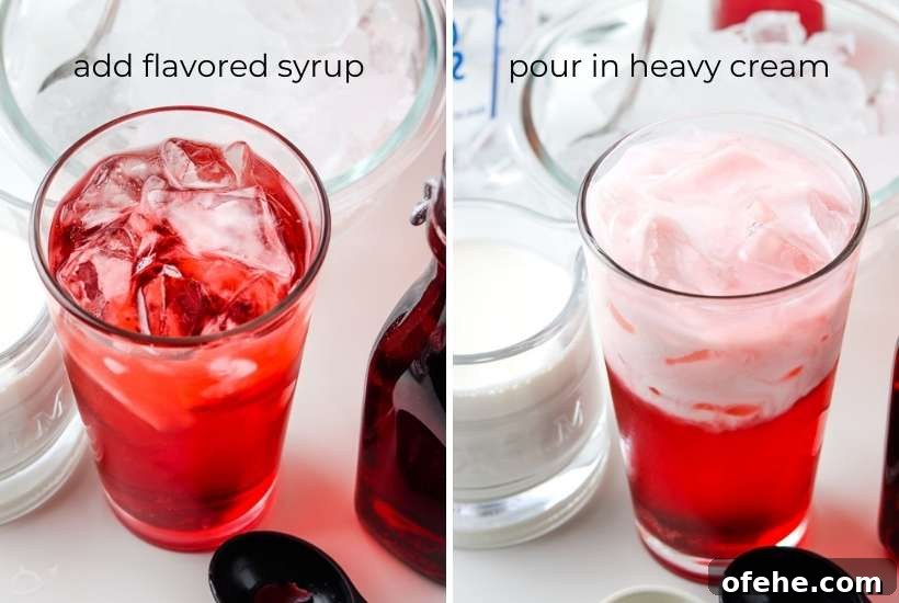 3-Ingredient Homemade Italian Cream Soda Recipe 5 Two photo collage of adding flavored syrup and heavy cream in a glass to make cream sodas with text overlay.
