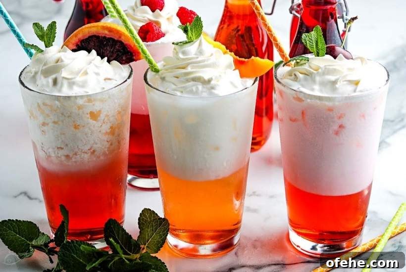 3-Ingredient Homemade Italian Cream Soda Recipe 6 Three homemade Italian cream sodas with whipped cream, fruit garnishes and straws.