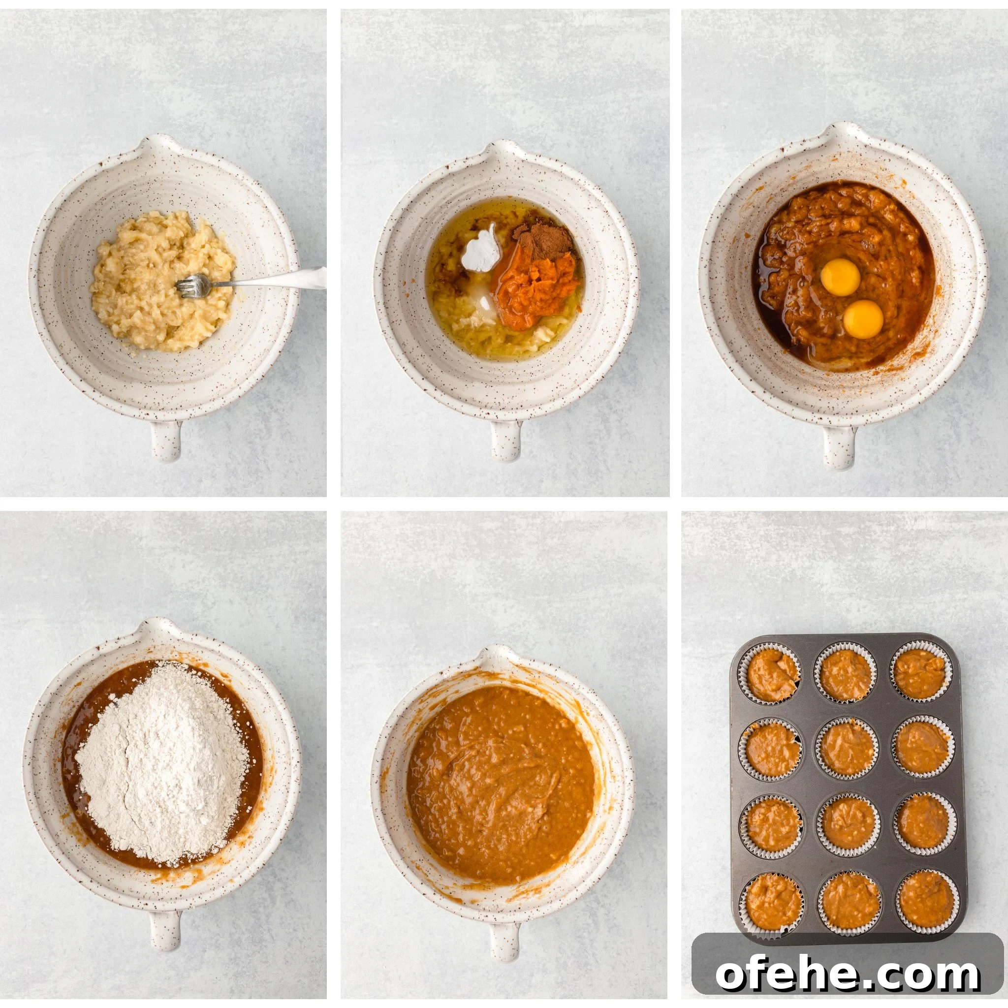 Banana Pumpkin Muffins with Warm Spices — Moist Fall Recipe 4 Buttermilk, eggs, flour, spices, baking ingredients, batter, cupcake tray.