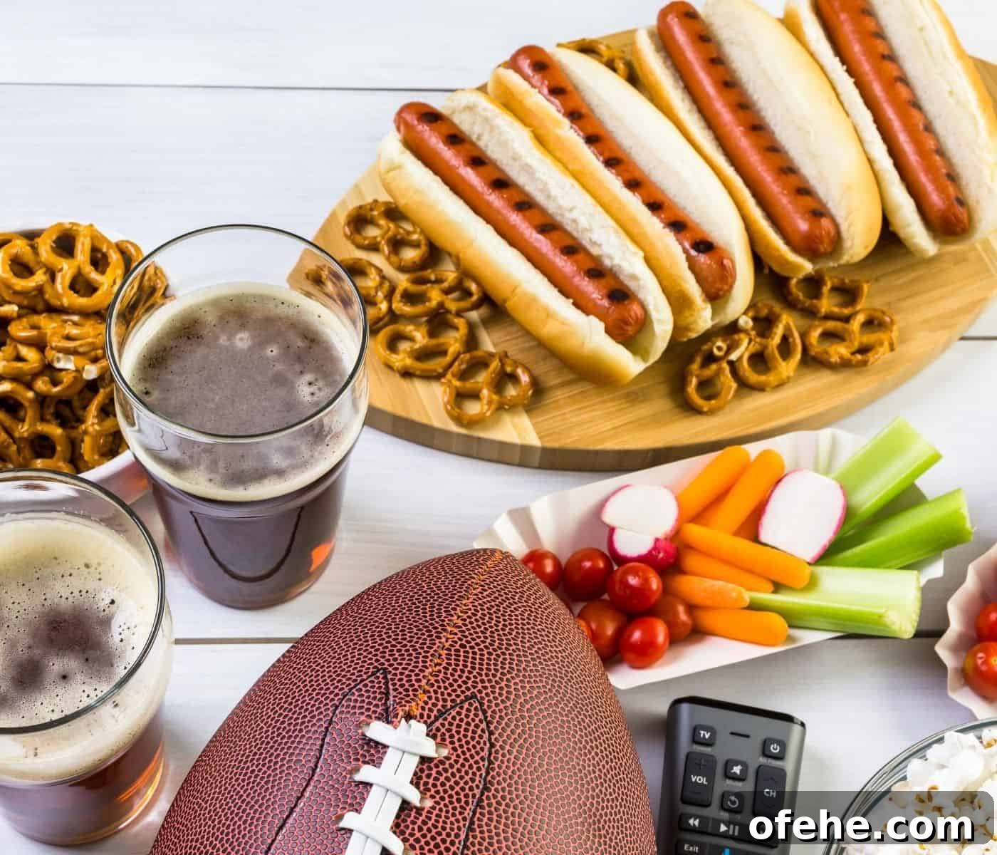 Hotdogs, beer, finger foods and a football on a table for the big game.