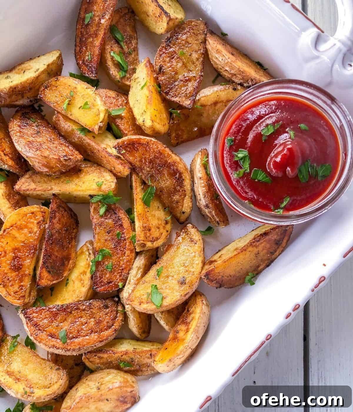 Crispy potato wedges on plate with ketchup.