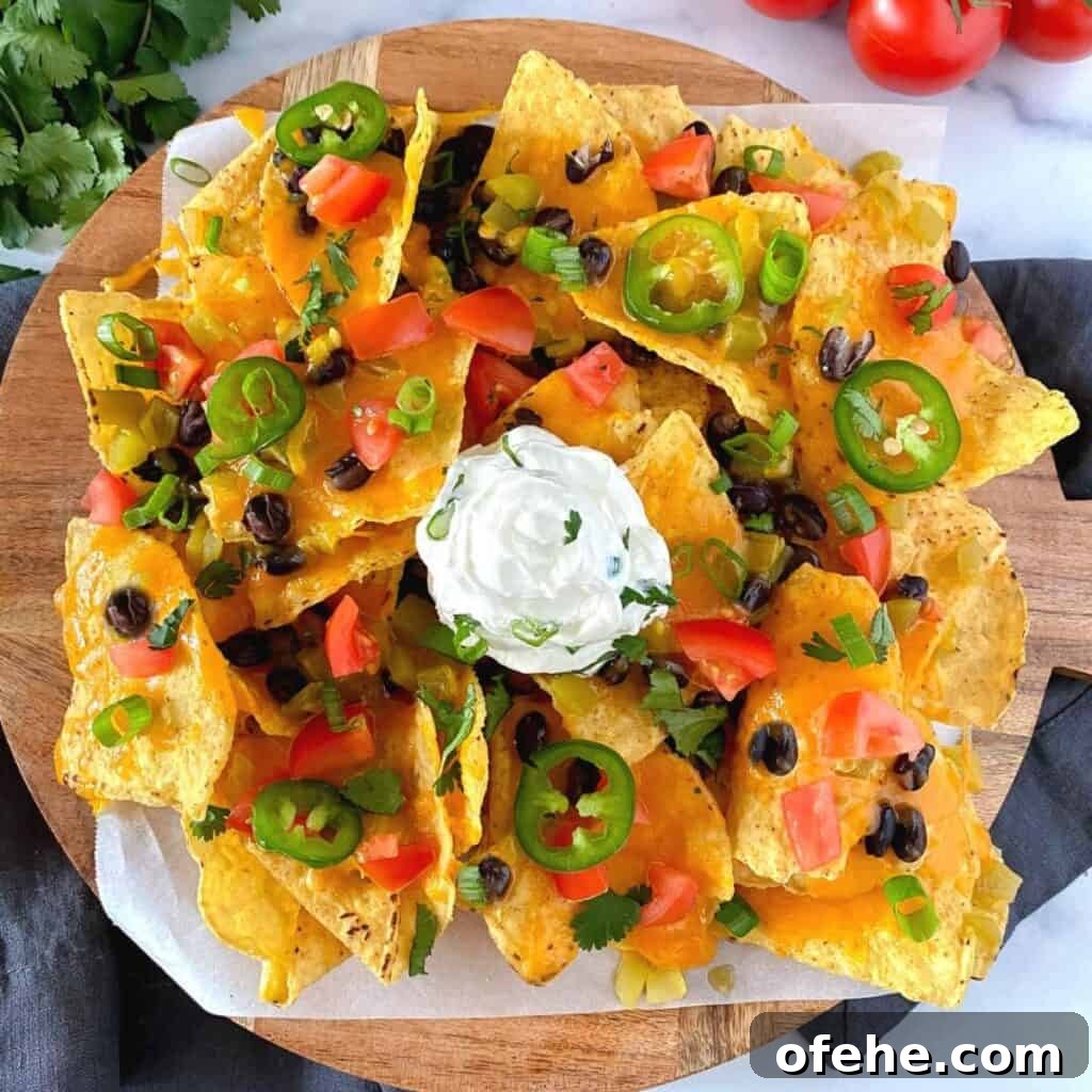 air fryer loaded nachos with cheese on a plate.