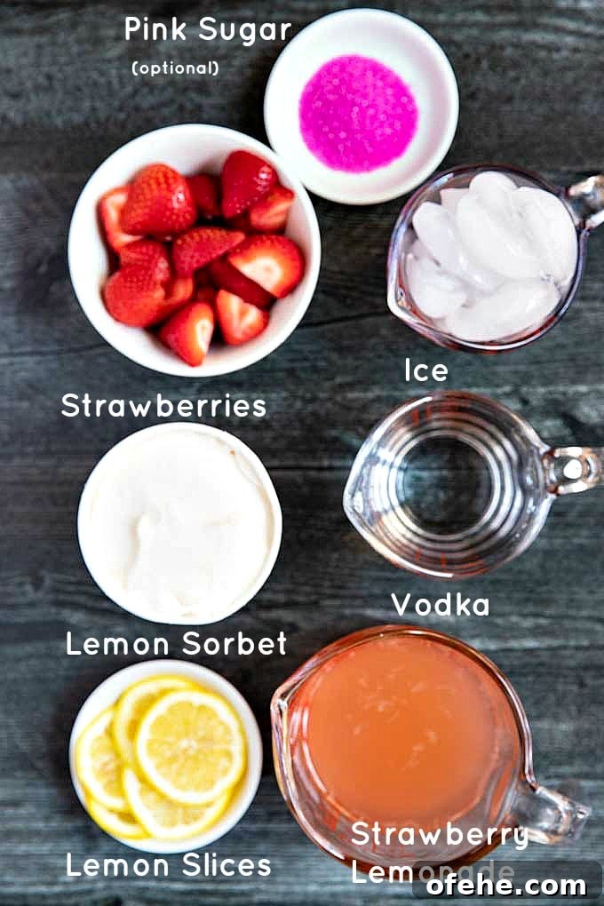 Ingredients to make refreshing strawberry vodka cocktail set on a dark surface