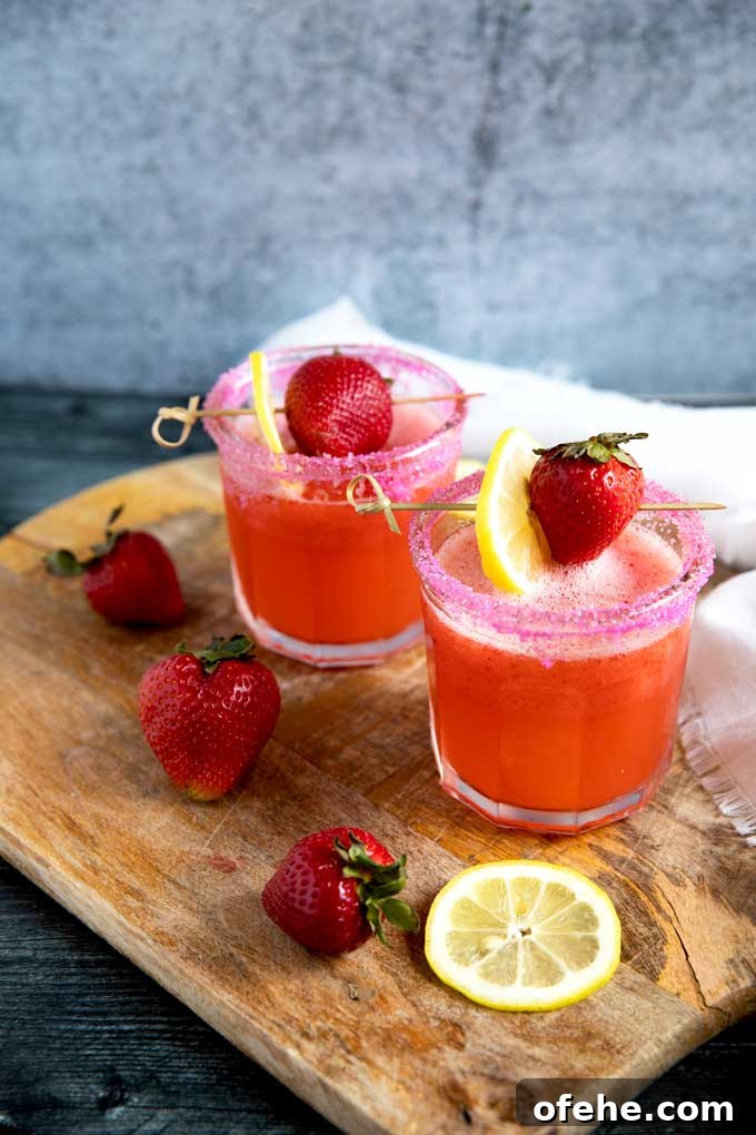 Strawberry Lemonade Vodka cocktail served in short glasses on top of a wooden board