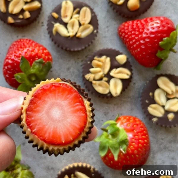 Creamy Fruit Yogurt Dip Recipe for Parties and Snacks 7 A hand holds a chocolate cup topped with a sliced strawberry, reminiscent of a strawberry Snickers treat.