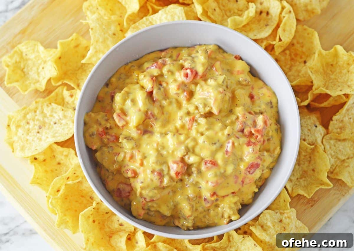 Creamy Queso Dip with Rotel Tomatoes and Diced Chilies 7 bowl full of cheese and rotel dip surrounded by tortilla chips.