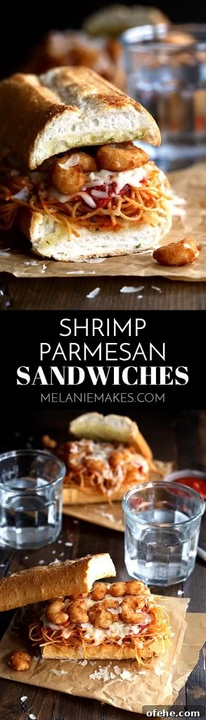 Crispy Shrimp Parmesan Sandwich Recipe for Dinner 2 These six ingredient Shrimp Parmesan Sandwiches take just 10 minutes to prepare. Spaghetti with marinara sauce, popcorn shrimp and mozzarella and Parmesan cheese are sandwiched between two pieces of crusty garlic bread - the perfect meatless meal during Lent! #shrimp #parmesan #sandwiches #easydinner #popcornshrimp #mozzarella