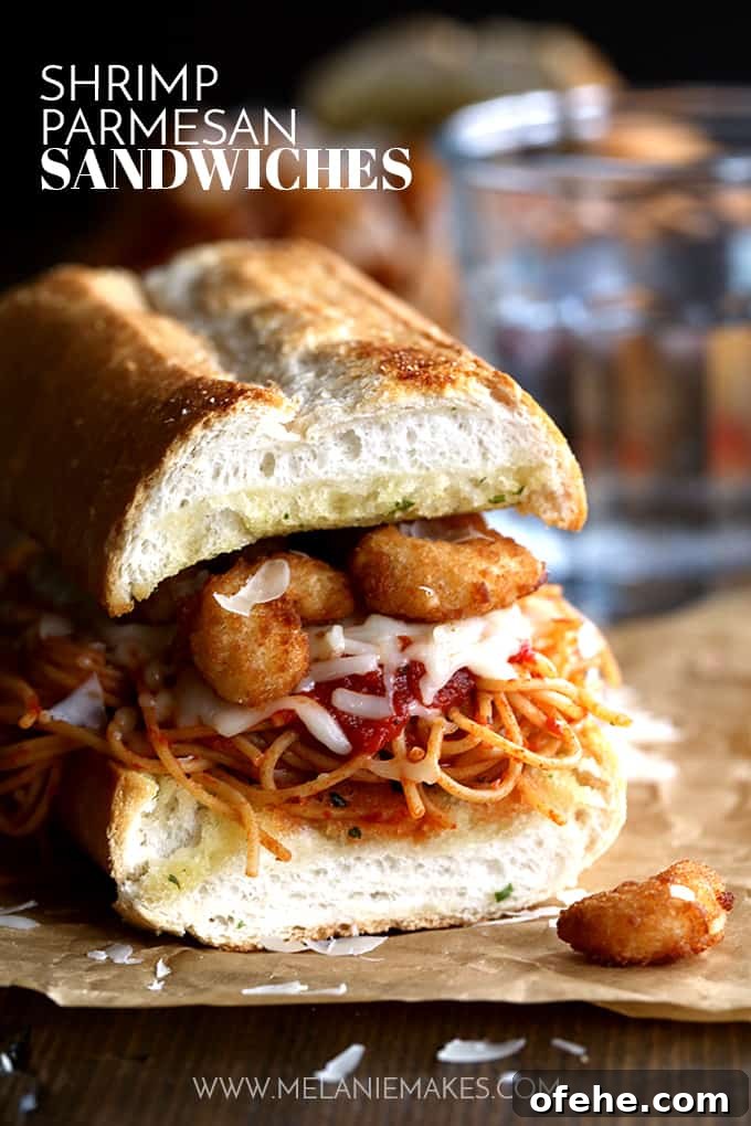 Shrimp Parmesan Sandwiches Shrimp Parmesan Sandwiches on garlic bread with spaghetti, marinara and cheese
