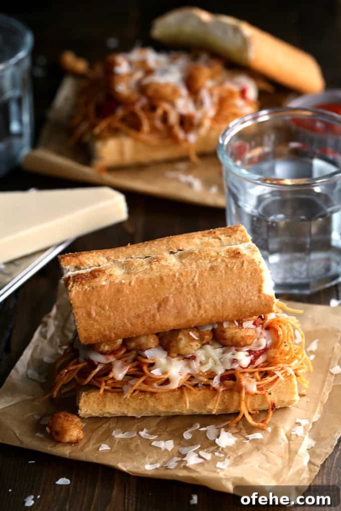 Finished sandwich Finished Shrimp Parmesan Sandwich with melted cheese and marinara