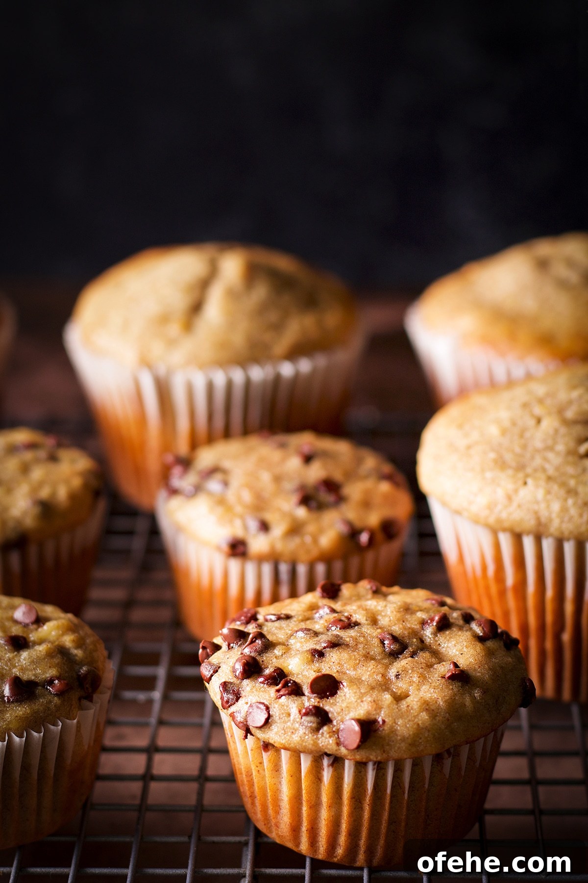 A variety of gluten free banana muffins, some with chocolate chips and some without, cooling on a wire rack.