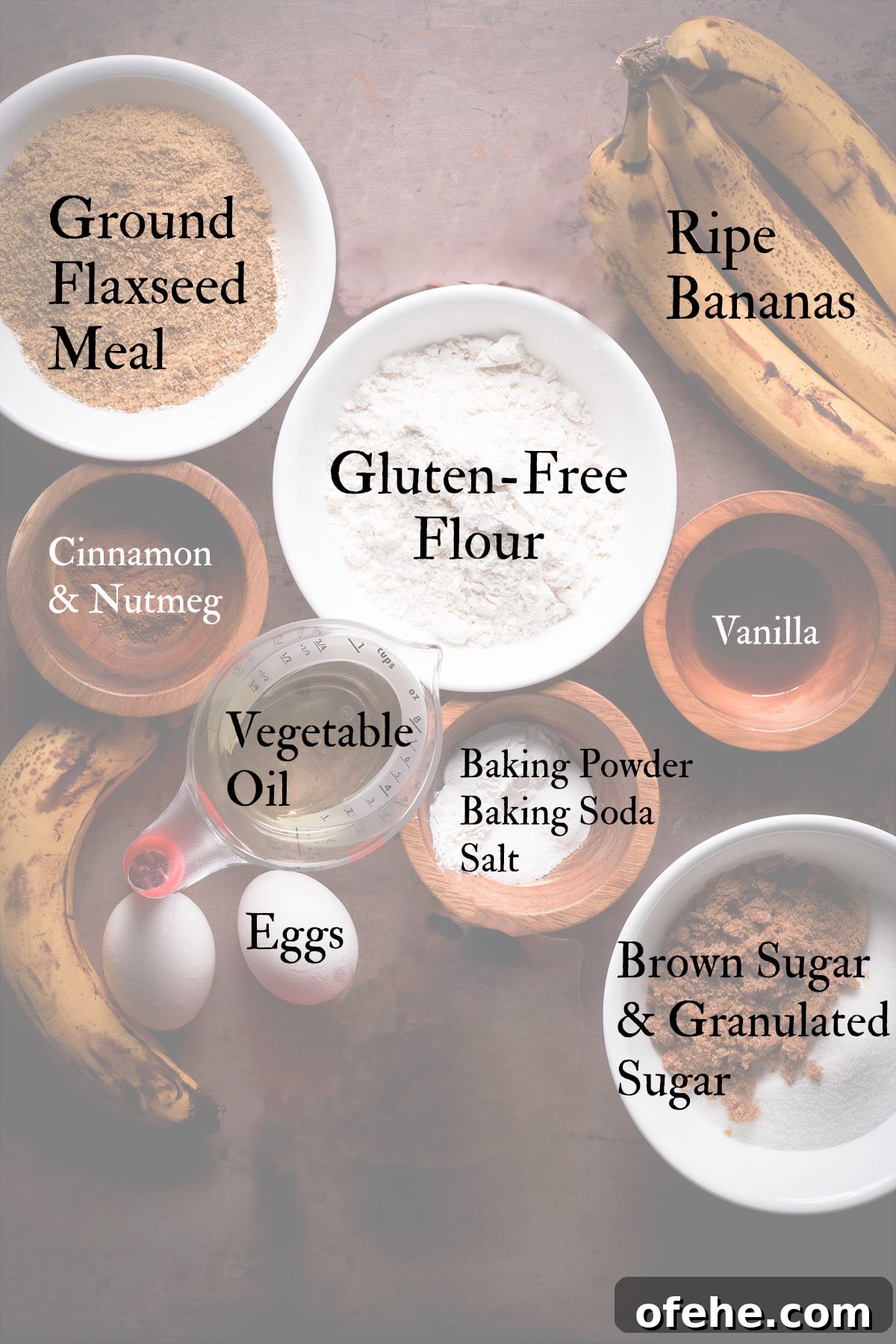 All the ingredients needed to make gluten-free banana muffins.