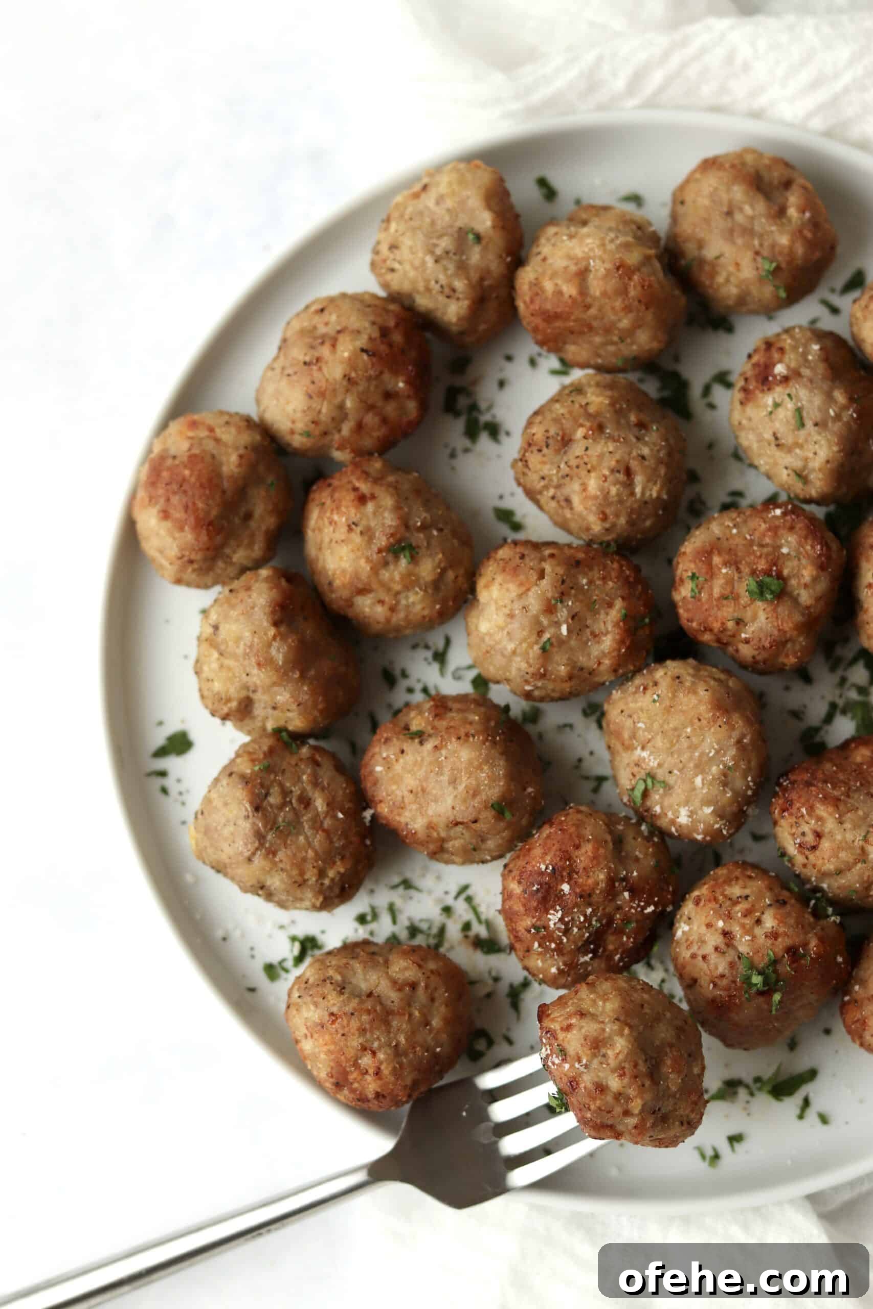 Crispy Air Fryer Turkey Meatballs Recipe for Quick Dinners 13 turkey meatballs on a plate with a fork