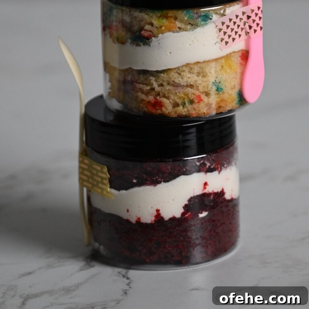 layers of red velvet cake and cream cheese frosting in a plastic jar for easy serving.