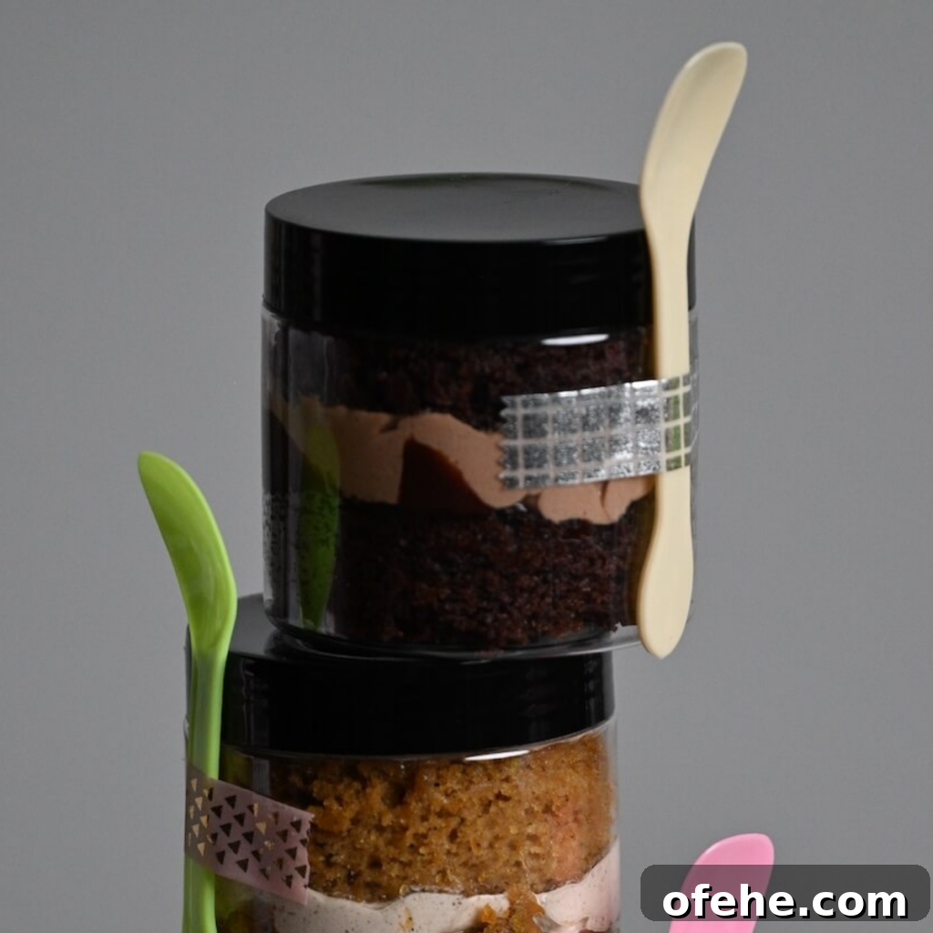 close up view of a cake in a jar with chocolate cake and chocolate frosting.