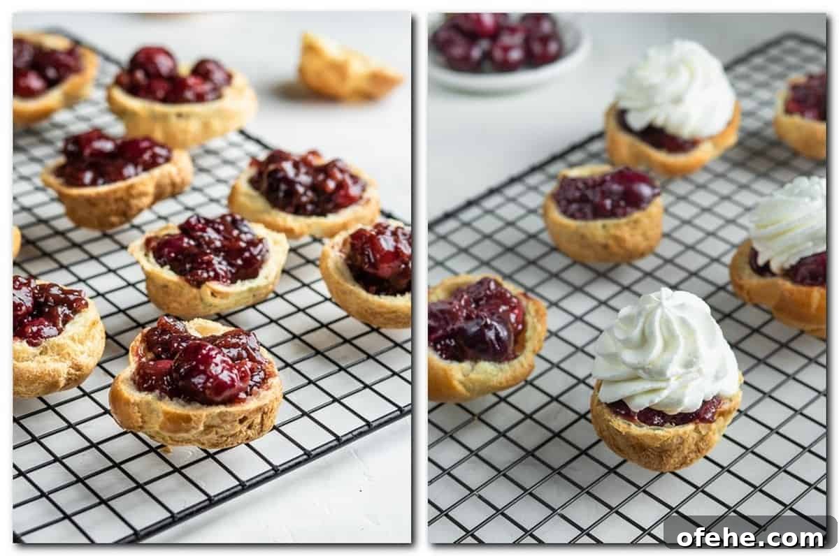 Windbeutel: Classic German Cream Puffs Recipe 6 Photo 9: Cherry filling on choux bottoms Photo 10: Choux pastry with cherry sauce and cream