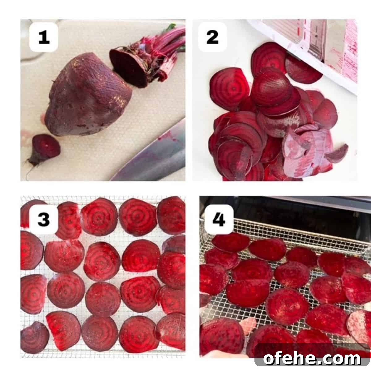 Crispy Air Fryer Beet Chips Recipe 4 Four process shots showing steps on how to make beet chips in an air fryer.