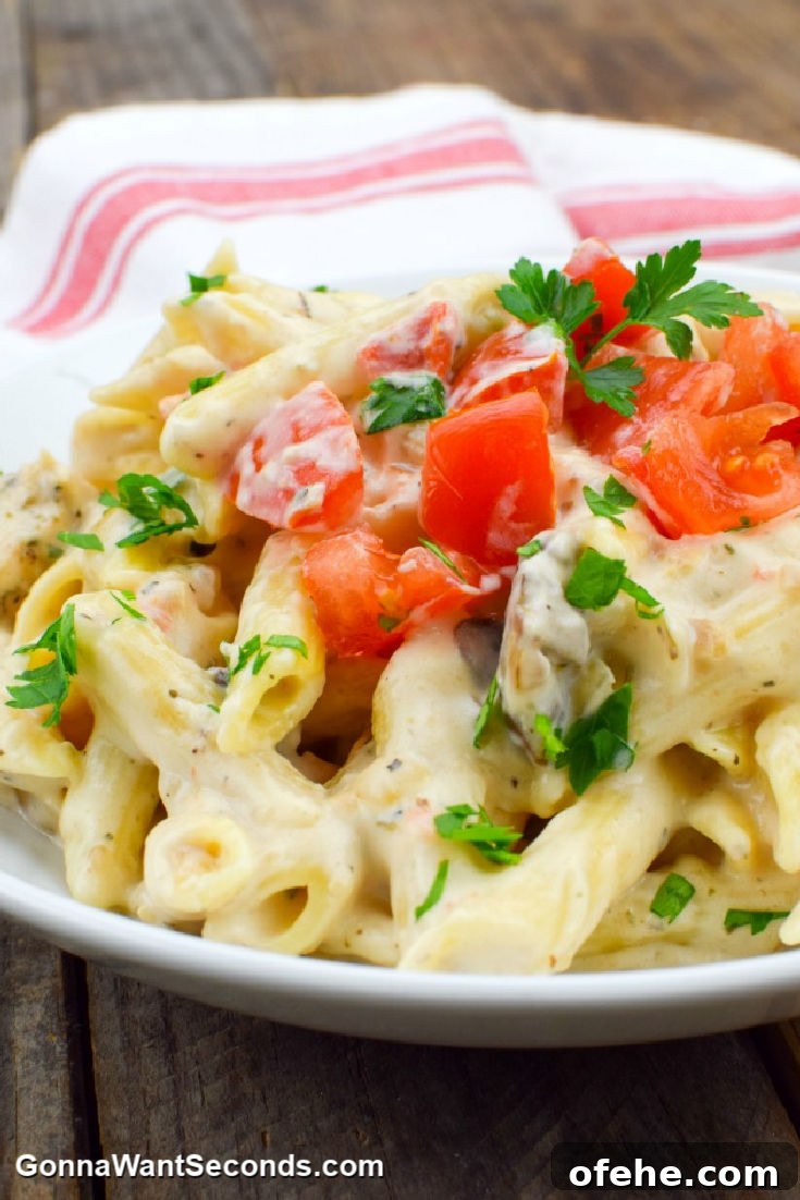 Chicken alfredo topped with chopped tomatoes