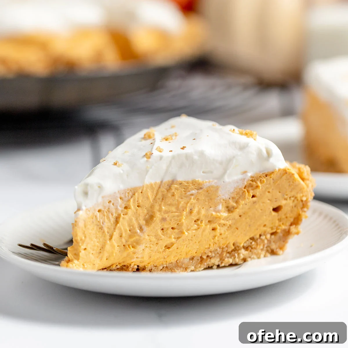 A slice of Pumpkin Cheesecake on a white plate.