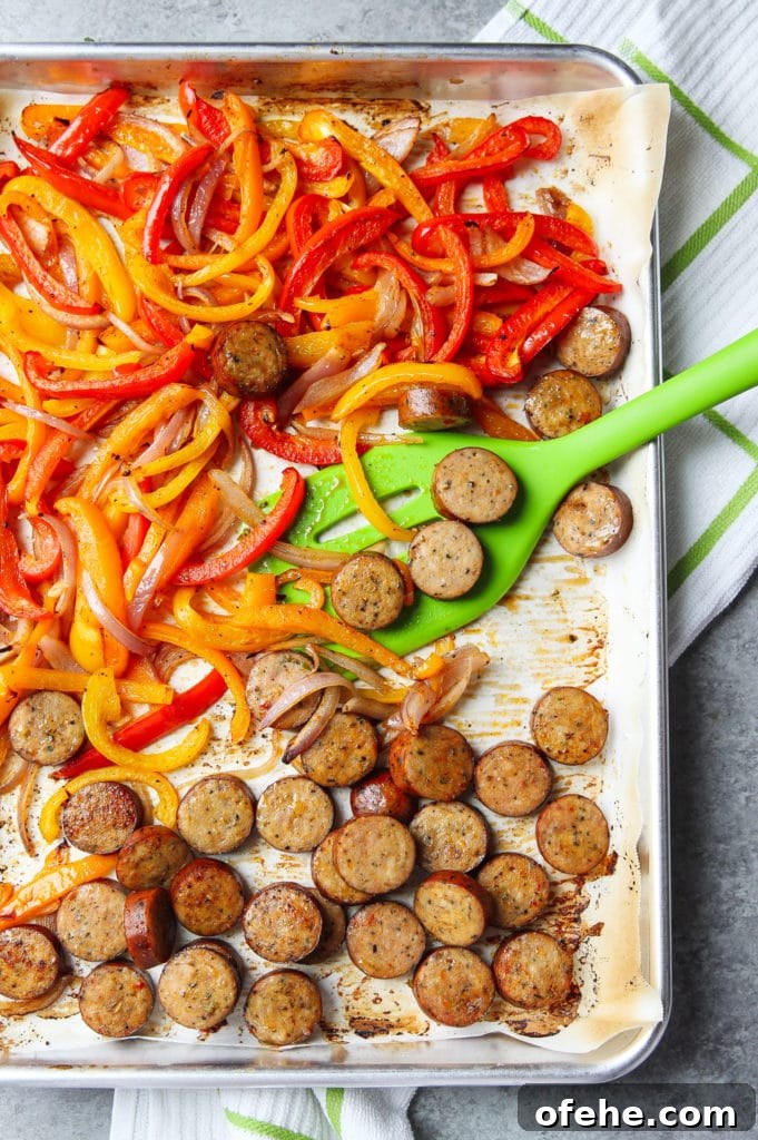 Nice brown color for the orange, red and yellow bell peppers, and chicken sausage