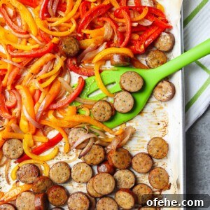 Nice brown color for the orange, red and yellow bell peppers, and chicken sausage