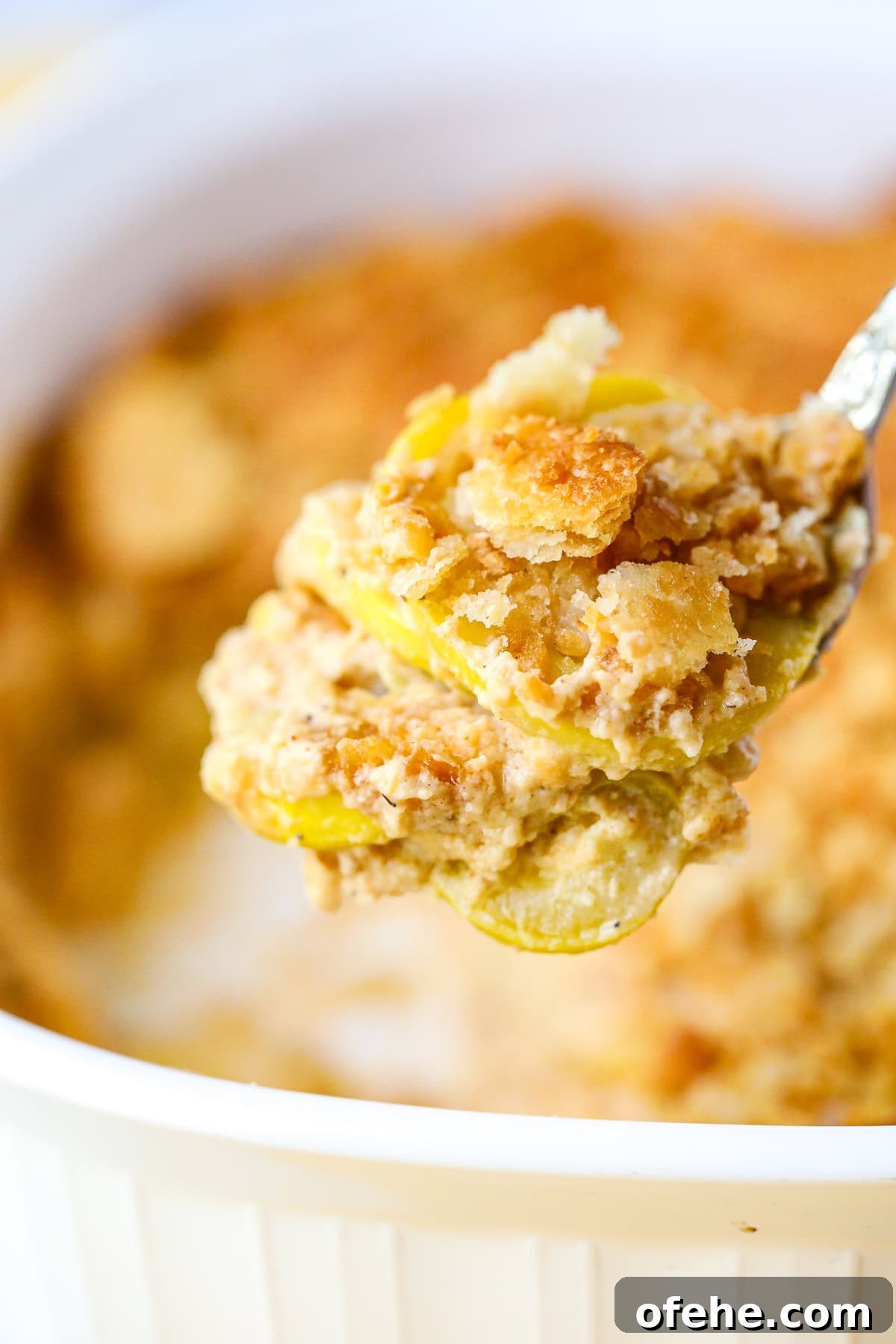 Southern Squash Casserole with Cheesy Cornbread Topping 2 Photo of a serving of southern squash casserole on a serving spoon.