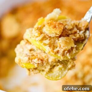 Southern Squash Casserole with Cheesy Cornbread Topping 10 Photo of a serving of southern squash casserole on a serving spoon.