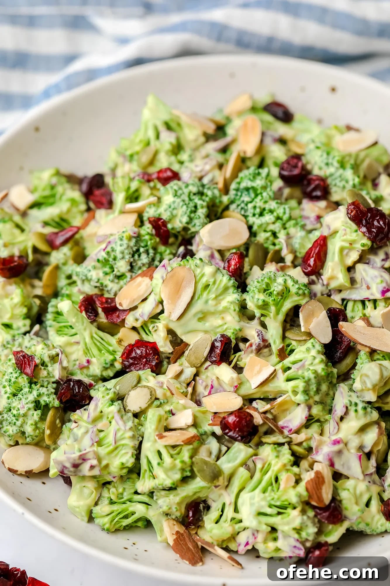 Vegan Broccoli Salad with Creamy Cashew Dressing 3 vegan broccoli salad tossed in creamy dressing and topped with almonds in a large white bowl.