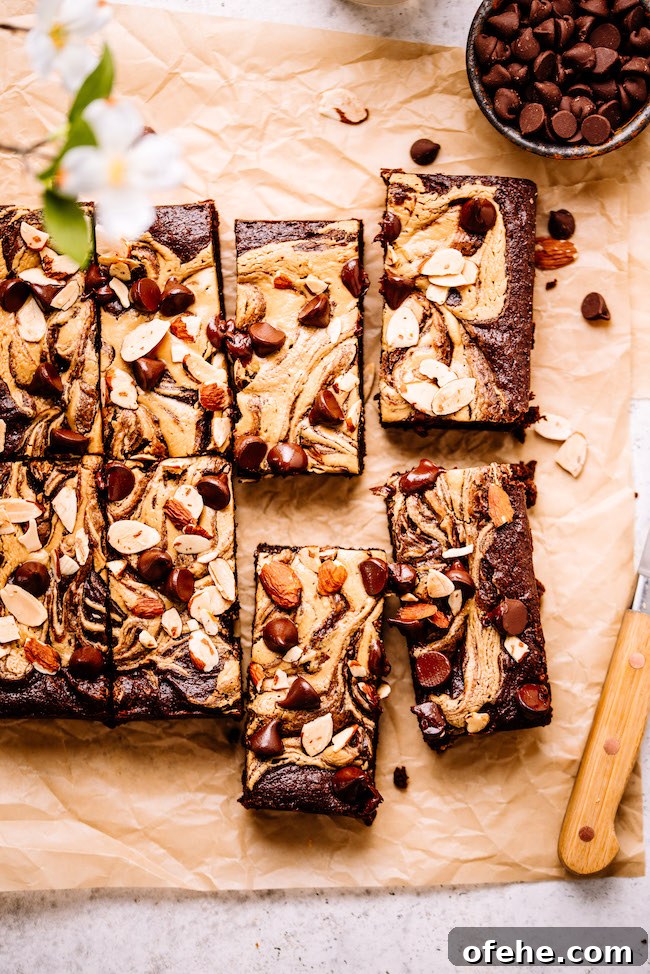Fudgy Almond Butter Tahini Brownies 3 Close-up of almond butter swirled brownies