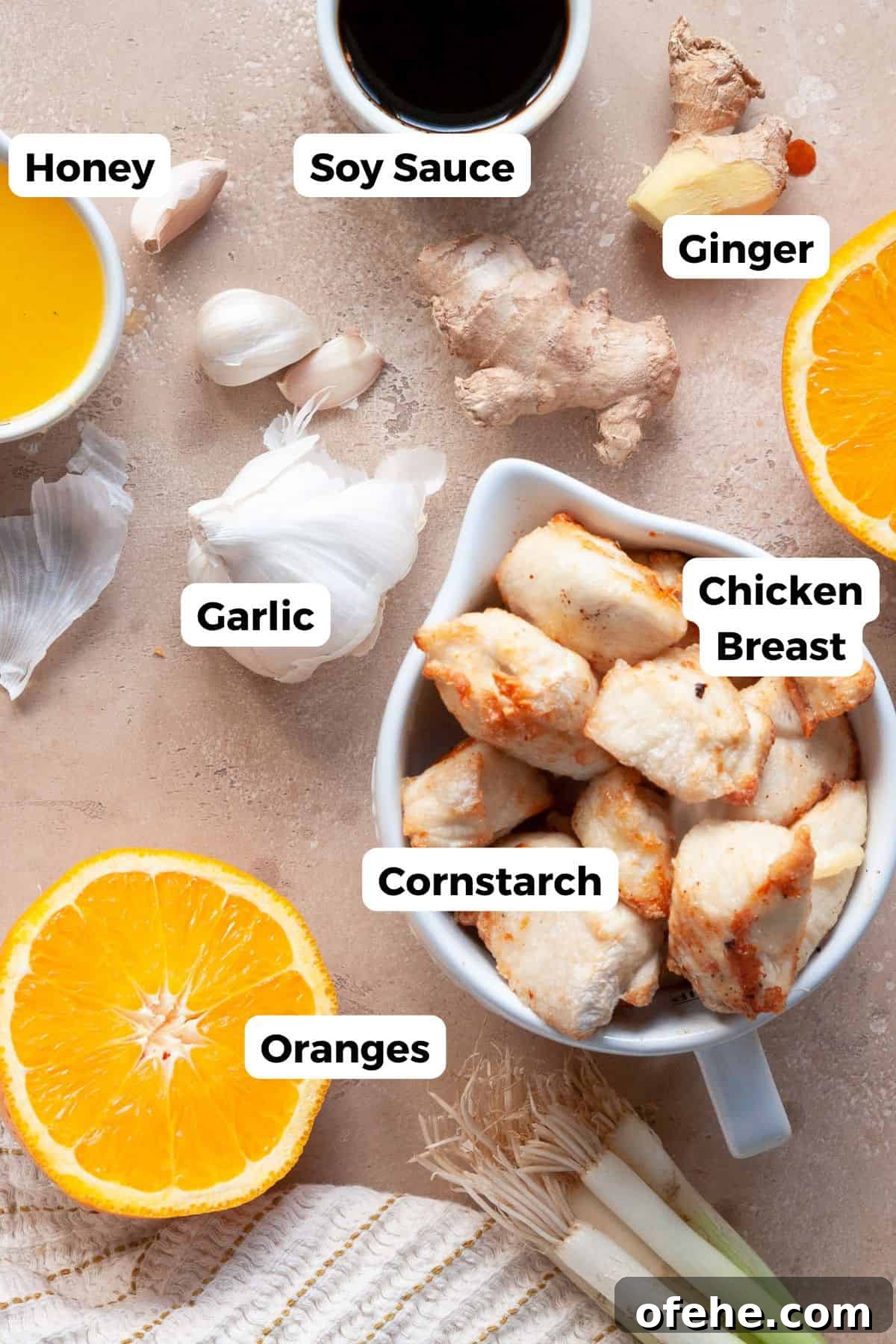 Crispy Sticky Air Fryer Teriyaki Chicken 3 All ingredients in small labeled bowls, including chicken breast, soy sauce, orange juice, sesame oil, honey, vinegar, garlic, ginger, and arrowroot starch.