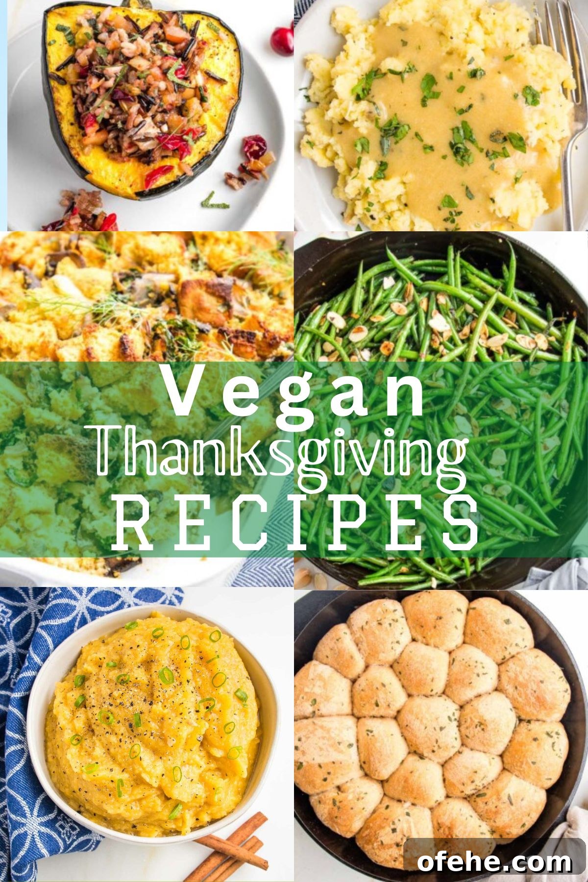 Wholesome Thanksgiving Recipes 2025 for a Lighter Feast 2 "Vegan Thanksgiving Recipes" written across center of collage with stuffed squash, mashed potatoes and gravy, green beans, stuffing, rolls and mashed squash.