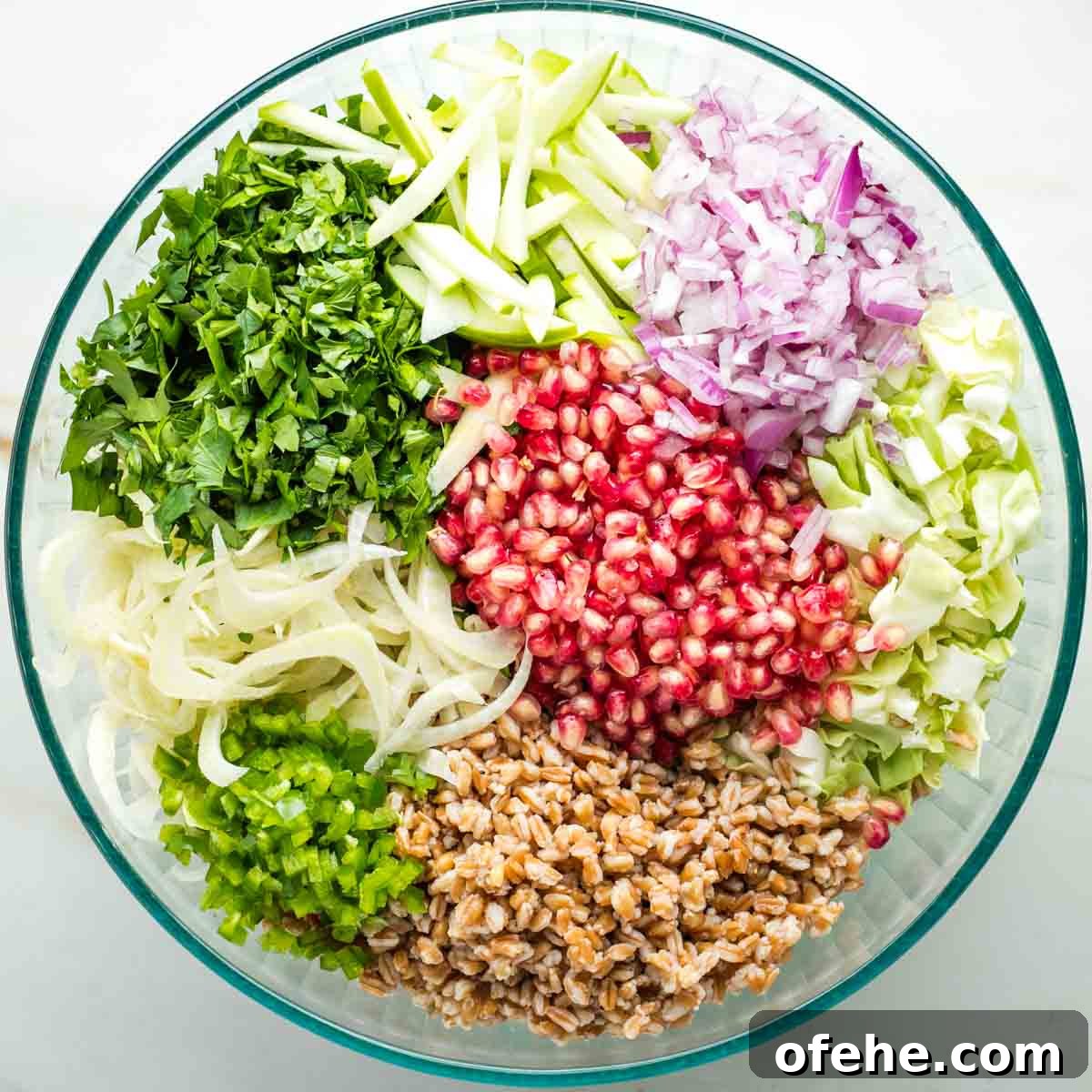 Wholesome Thanksgiving Recipes 2025 for a Lighter Feast 23 Colorful sections of pomegranate seeds, parsley, chopped apple and cabbage, thinly sliced fennel, red onion and farro for a chopped salad.