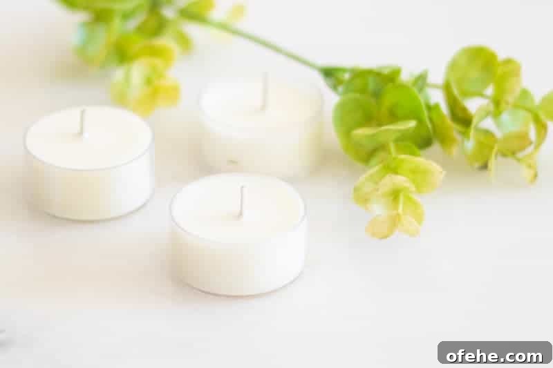 DIY Citronella Candles to Keep Mosquitoes Away 6 citronella candles on white marble with a green sprig.
