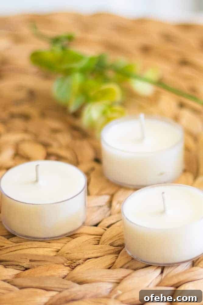 DIY Citronella Candles to Keep Mosquitoes Away 7 white tea light bug repellent candles on tan wicker.