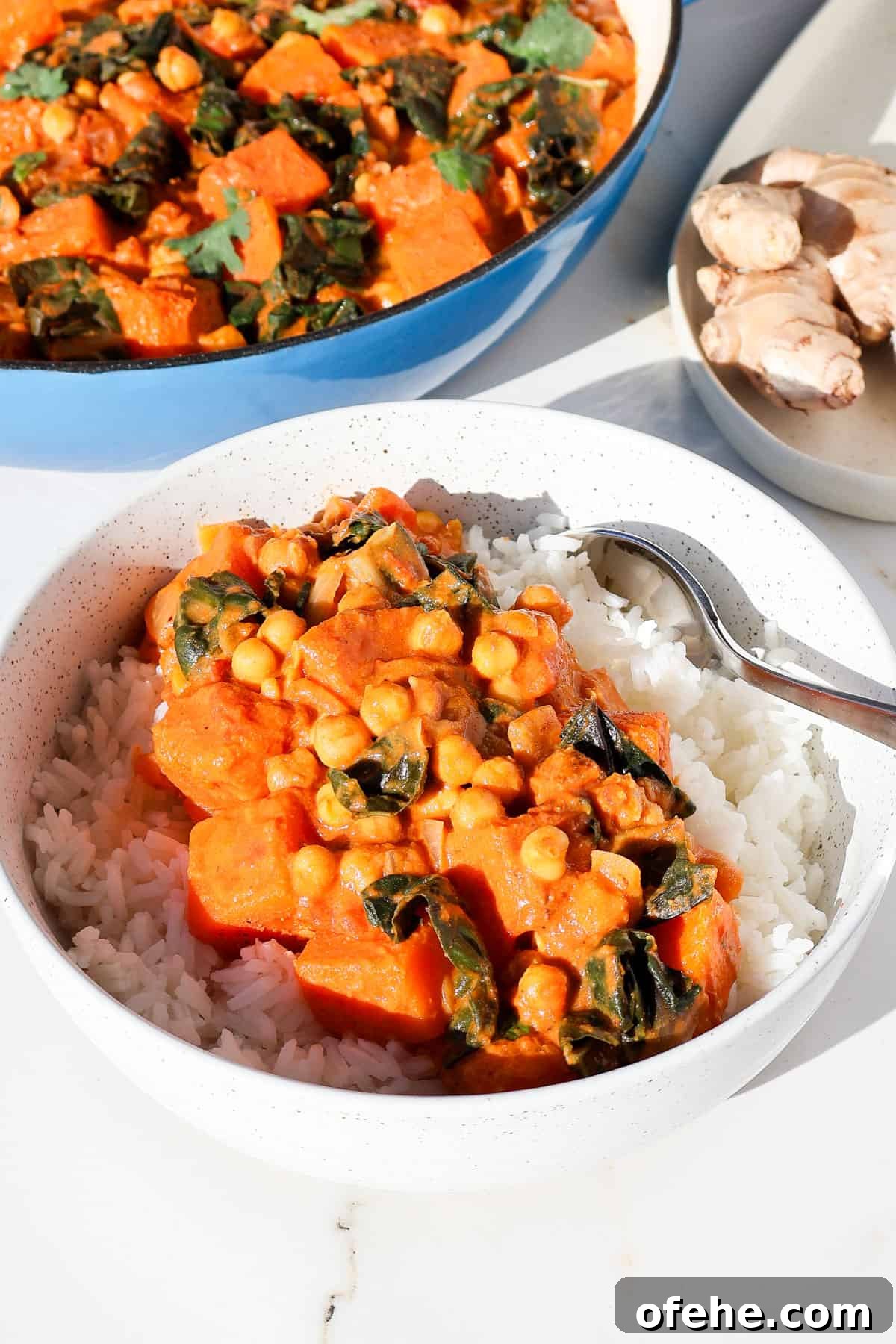 Side shot of curry served in a bowl with rice.