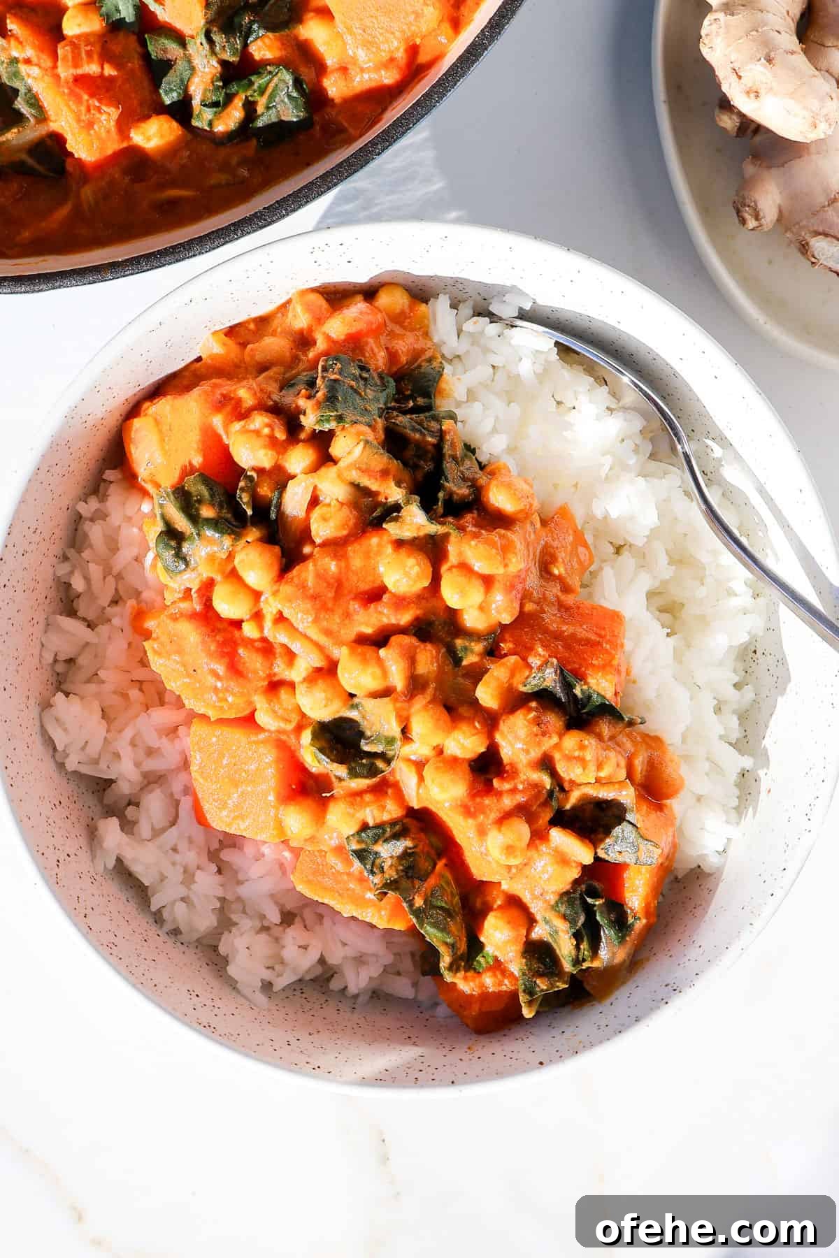 Butternut squash an chickpea curry served in a bowl with rice.