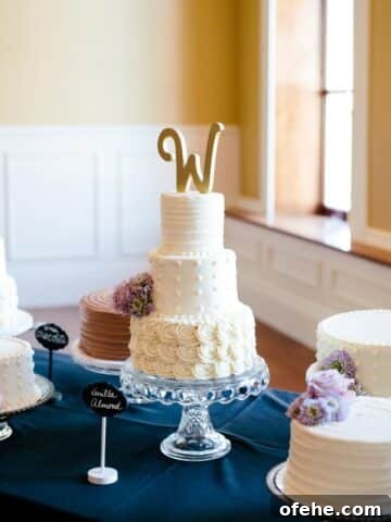 three layered wedding cake made with vanilla almond cake on a cake stand in front of a window.