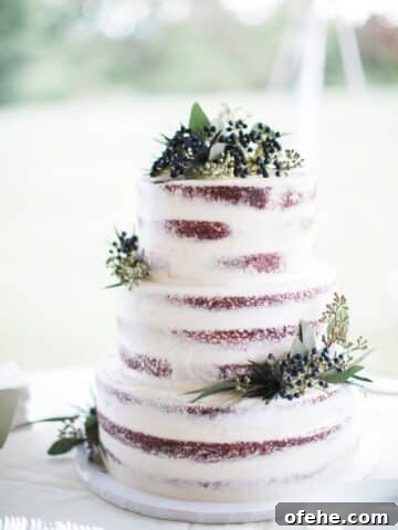 three layered wedding cake made with red velvet cake and naked frosting with fresh herbs and flowers for decor.